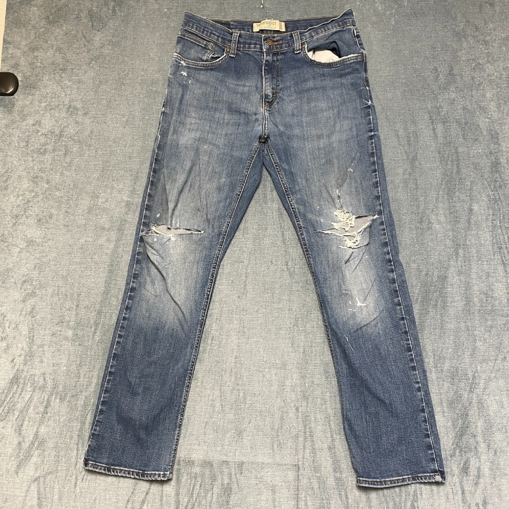 Wrangler Flex Slim Fit Jeans Mens 32x30.5 Blue Denim Straight Leg Distressed